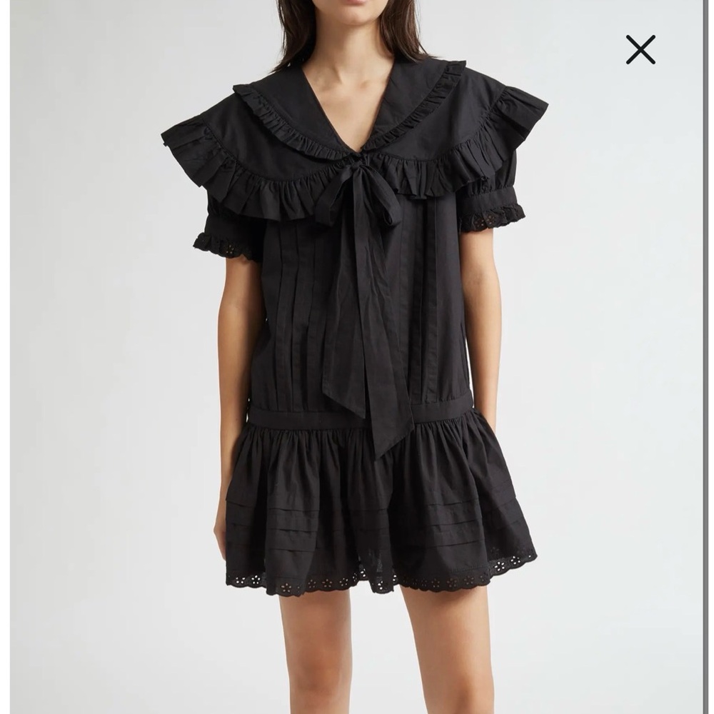 Sandy Liang Toki Drop Waist Cotton ruffle collar Minidress